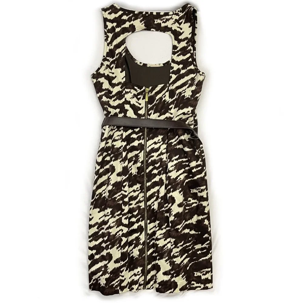 NEW Michael Kors Size 4 Brown Ivory Belted Cut Out Zip Cotton Blend Dress $150